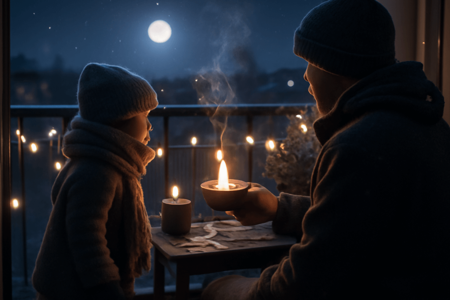 Ritual zimniho slunovratu paleni prani pod zimnim mesicem 1765918857705